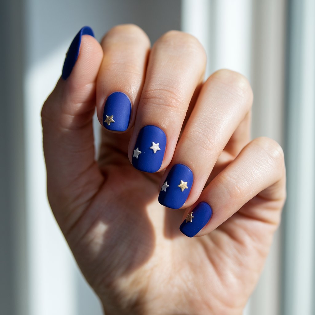 A close-up of a woman's hand with five fingers coated in a rich matte royal blue polish. Each nail is adorned with delicate white or gold star accents scattered across the surface. The matte finish absorbs the natural bright sunlight from a window, creating a soft, velvety texture, while the stars subtly gleam. The hand is held in a relaxed pose, with fingers slightly curled inward, allowing the celestial nail art to be fully admired. The radiant, dewy skin enhances the dreamy, magical feel of the manicure, evoking a peaceful night sky.