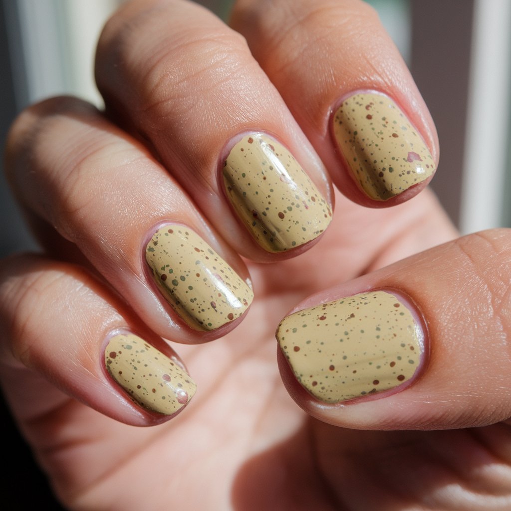 A photo of a woman's hand with five fingers coated in a warm beige nail polish. The nails have fine speckled dots of sage green, buttery yellow, and bread-brown, mimicking the texture of Thanksgiving stuffing. The nails have a satin-matte finish and are shiny from baby oil. The hand is in a relaxed pose, with the fingers subtly curved. The background is blurry and contains a window with bright sunlight.