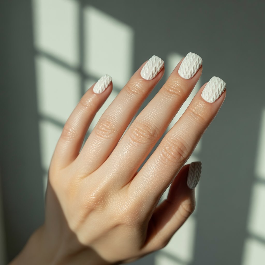 A close-up studio photograph showcases a woman's hand, its soft ivory skin glistening with moisture, as the primary focus. Five fingers are adorned with intricate 3D gel nail designs replicating the texture of a cable-knit sweater, each line precisely raised to mimic a cozy tactile feel, and the nails are shaped into rounded squares. Gentle, diffused natural light streams from a blurred window, casting soft shadows that accentuate the embossed pattern and highlight the hand's relaxed pose against a muted gray backdrop. The overall aesthetic evokes a sense of understated elegance and seasonal warmth, hinting at “Thanksgiving nails” – a playful touch of autumnal style.