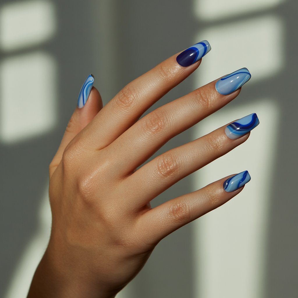 A striking studio portrait photograph showcases a woman's hand, the sole focus against a softly blurred, neutral-gray backdrop. Her skin is noticeably moisturized, exhibiting a subtle sheen, while her five fingers gracefully display abstract blue swirl long nails in a spectrum of cobalt, icy blue, and navy, creating a modern painterly effect. The nails rest in a relaxed pose, their organic lines curving elegantly, while soft, diffused window light highlights the smooth, glossy finish and luminous skin, emphasizing the cool tones of the manicure. This creates an artistic, editorial aesthetic, perfect for a beauty campaign promoting "Blue Swirl Nails".