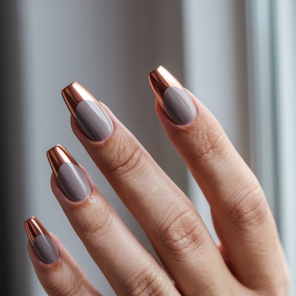 A photo of a close-up of a well-moisturized oily woman's single hand only features five fingers painted in a cool taupe base with sharp, metallic copper French tips. The tips have a clean, precise arc that glows softly in the natural bright sunlight from a window. The medium square-shaped nails are glossy and modern. The hand is posed in a relaxed position, fingers gently bent, drawing focus to the striking metallic contrast. These Thanksgiving nails are sleek, subtle, and sophisticated with a seasonal twist.