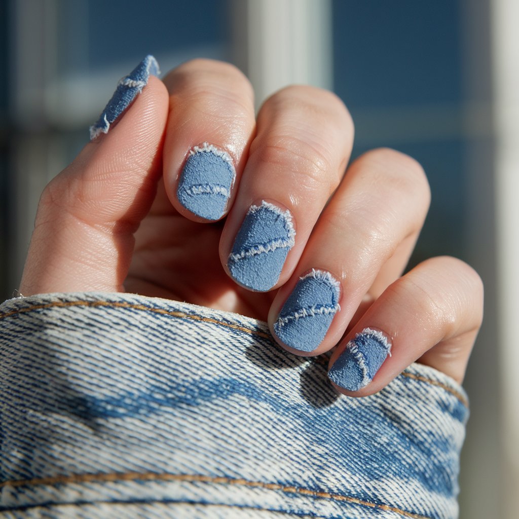 A close-up shot of a well-moisturized oily woman's hand with a creative denim-inspired nail design. There are five fingers visible, each with a textured polish that mimics worn denim, complete with faux stitching lines and subtle fading. The hand is in a relaxed pose, with the fingers gently angled outward, allowing the texture to catch the natural bright sunlight. The background is blurry, showing a window. The glossy, hydrated skin adds contrast to the matte-like denim finish, evoking effortless, fashion-forward vibes.