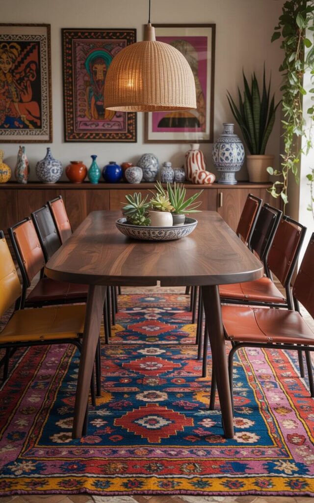A photograph of a meticulously decorated dining room centered around a vibrant Moroccan rug. The rug's jewel tones—ruby reds, sapphire blues, and tangerine oranges—form the base for a dark walnut dining table with sleek tapered legs, encircled by mismatched leather sling chairs and plush cushions in complementary hues. A woven pendant lamp hangs overhead, casting warm, diffused shadows and highlighting tribal-inspired artwork and a collection of playful ceramic pieces scattered across a nearby sideboard. Potted succulents and trailing vines add life and texture, creating a harmonious blend of colors and patterns throughout the eclectic space.