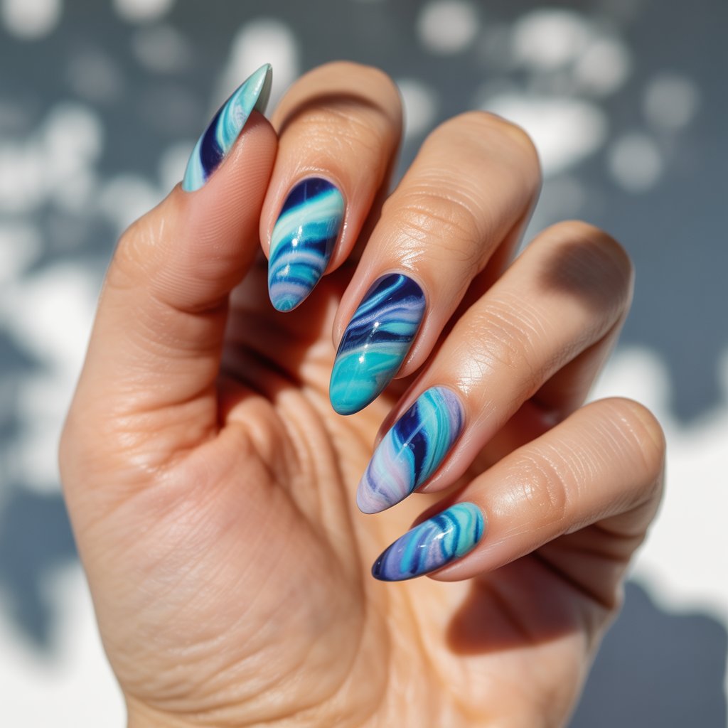 A hyperrealistic macro photograph showcasing a single, well-moisturized woman’s hand adorned with vibrant tie-dye nail art. The five stiletto nails display a mesmerizing swirl of navy, turquoise, and soft sky blue, mimicking fluid dye patterns with delicate, feathery blends, showcasing unique patterns on each nail. The hand rests gently against a softly blurred background of dappled sunlight filtering through leaves, emphasizing the watercolor-like effect and radiating a carefree, bohemian mood with dewy, radiant skin. Subtle bokeh highlights enhance the natural brightness, while soft shadows gently sculpt the hand, creating a sense of depth and artistic beauty.