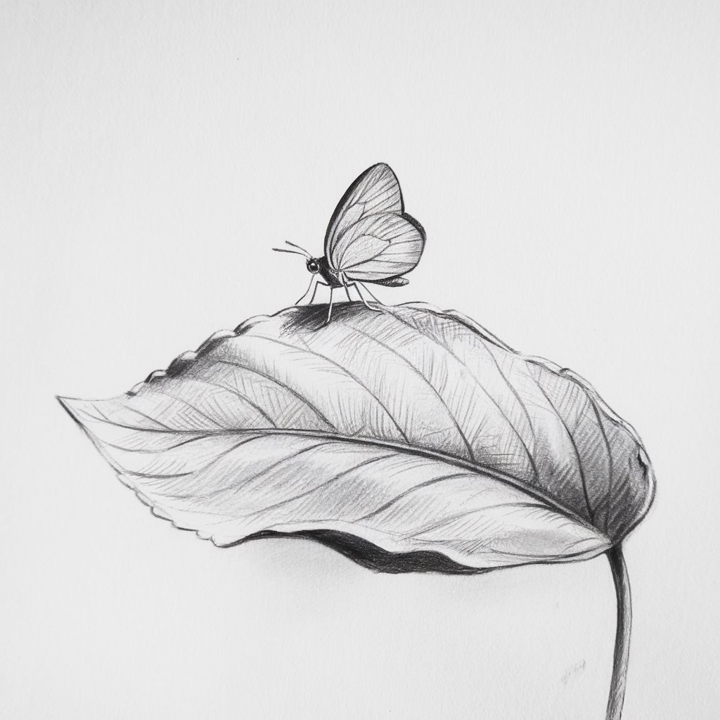 A pencil drawing of a small butterfly perched atop an oversized leaf on a plain white background. The butterfly has modestly detailed wings and a tiny, bean-shaped body. The leaf has broad veins and is gently curved. Subtle pencil strokes add texture to the leaf surface, and the butterfly's fine legs are shown delicately gripping the edge. The contrast in scale emphasizes the butterfly's size and creates a whimsical, storybook-like feel.