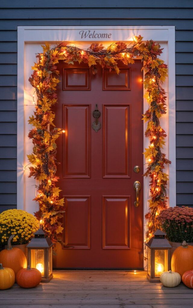 A photograph of a barn red door, beautifully decorated for fall, stands as the central focus of the image. A garland of vibrant fall leaves, intertwined with delicate amber twinkle lights, gracefully wraps around the door frame, creating a warm and inviting glow. Two softly lit lanterns flank the base of the door alongside a cluster of pumpkins and plush mums, while the brushed bronze handle and keyhole shimmer subtly under the ambient light, and "Welcome" is subtly inscribed above the door. The scene is bathed in the soft, magical light of the twinkle lights, evoking a sense of pure fall enchantment as evening descends.