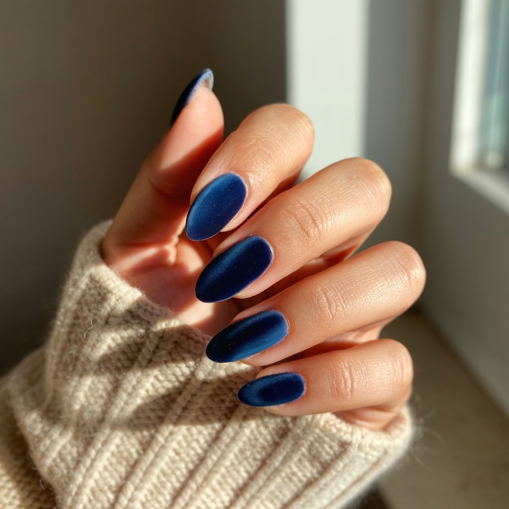 A photograph capturing a close-up of a woman's hand showcasing five fingers adorned with deep midnight blue velvet nails, the polish exhibiting a soft and rich finish. The stiletto-shaped nails are gently fanned apart, resting against a subtly textured cream-colored cashmere sweater, capturing the diffused sunlight from a nearby window. A shallow depth of field blurs the background, highlighting the radiant sheen of the skin and the plush, velvety depth of the nails. The warm, natural lighting creates an elegant and mysterious allure, emphasizing the luxurious texture and flawless appearance.