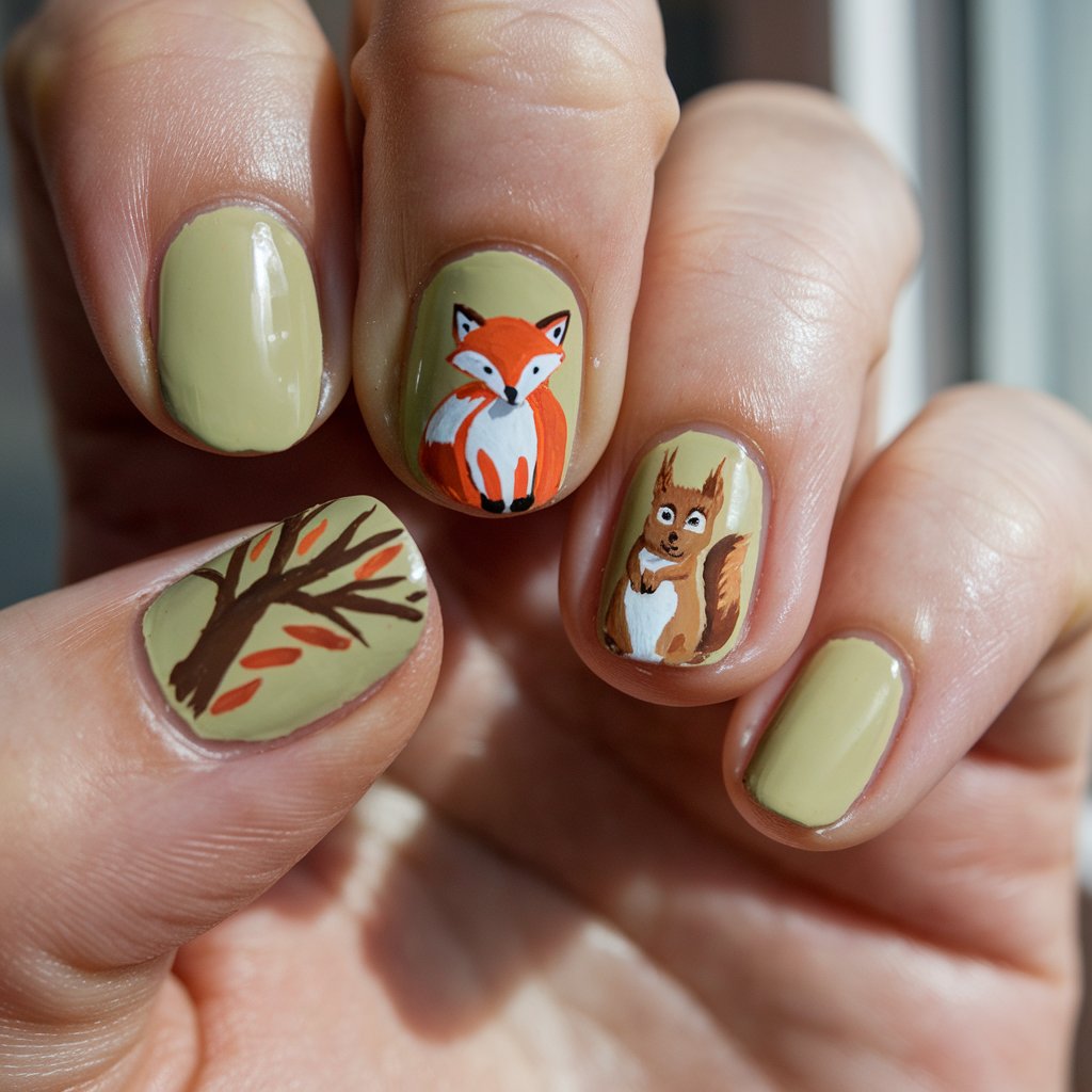A detailed close-up of a well-moisturized oily woman's single hand only reveals five fingers with soft mossy green and bark brown alternating as base colors. Two accent nails feature hand-painted woodland creatures—an adorable fox and a fluffy squirrel—rendered in warm autumn tones. The nails are medium round with a semi-gloss finish that shines gently under natural bright sunlight from a window. The hand's relaxed pose displays each animal clearly. These Thanksgiving nails are charming, whimsical, and full of woodland wonder.