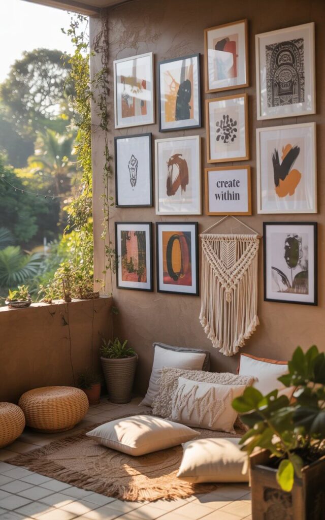 A photograph of a bohemian balcony transformed into an outdoor gallery space, featuring a vibrant array of framed artwork. One wall is adorned with a curated selection of framed boho art, including abstract brushstrokes in soft earth tones, intricate tribal patterns, and minimalist black and white sketches, all lit by the morning sun. Below the artwork, a woven macrame hanging displays the phrase "CREATE WITHIN" and a scattering of plush floor cushions and low seating invite relaxation. The balcony overlooks a lush, overgrown garden, bathed in the warm glow of a late afternoon sun, creating a tranquil haven for artistic inspiration.