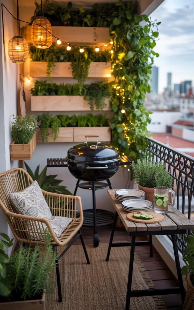 A photograph of a charming boho balcony overflowing with lush greenery and featuring a compact black grill. A rustic wooden prep table beside the grill displays enamelware plates, sprigs of fresh rosemary, and a pitcher of cucumber-infused water. Woven rattan chairs, adorned with patterned cushions, sit atop a jute rug, while hanging lanterns and vertical garden boxes filled with herbs create a warm, inviting ambiance bathed in the soft glow of string lights. The balcony overlooks a vibrant cityscape viewed through a wrought-iron railing, contributing to the sense of tranquil urban escape.