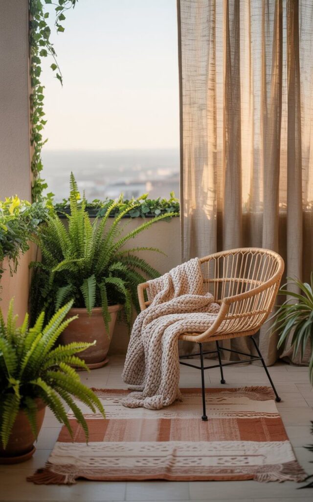 A photograph of a serene boho balcony centered around a plush, low wooden platform. The platform is anchored by a handwoven area rug in muted terracotta and cream tones, and a chunky knit throw is casually draped over a single rattan chair showcasing a subtle geometric pattern. Lush green ferns spill from terracotta pots flanking the chair, with sheer linen curtains softly diffusing the warm morning light and creating a tranquil urban escape overlooking a distant cityscape. The balcony's edge is softened by trailing ivy, creating a feeling of quiet relaxation and a connection to nature.