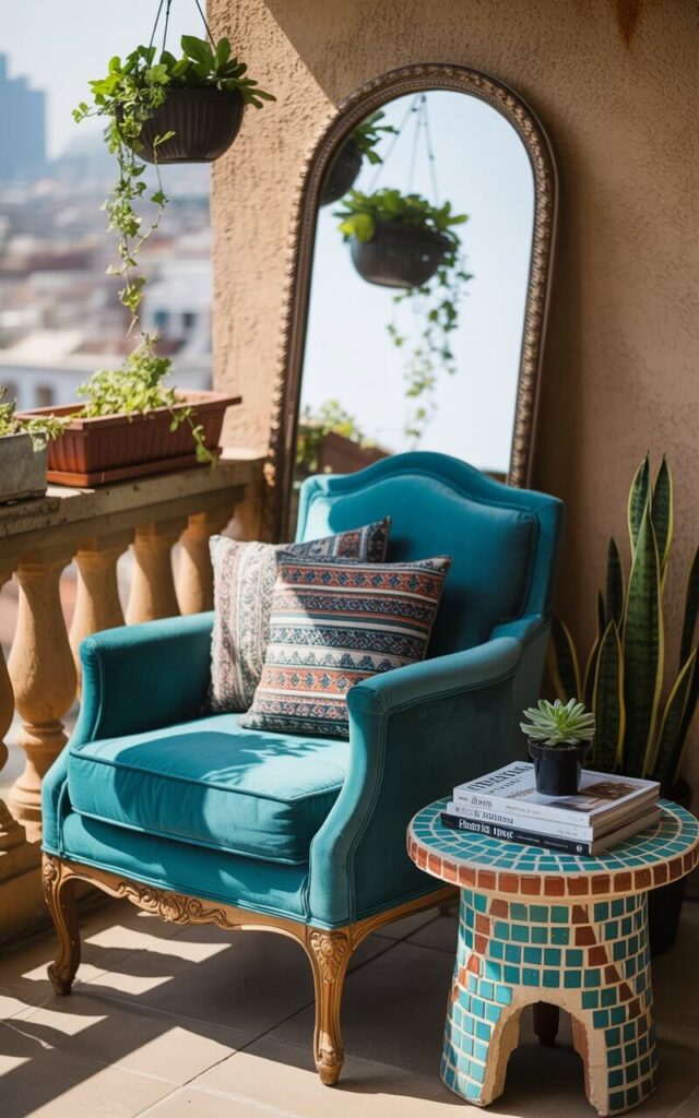 A photograph of a vibrant teal velvet armchair, meticulously carved with ornate wooden legs, positioned on a charming boho balcony. The armchair is adorned with several tribal print cushions and sits beside a hand-painted mosaic side table holding a small succulent and a stack of design magazines titled "Boho Living". Behind the armchair, an arched vintage mirror casually leans against the stucco wall, reflecting the trailing greenery of hanging planters, while dappled sunlight streams through the railing. The balcony overlooks a blurred cityscape, creating a sense of urban escape filled with bohemian charm and individuality.