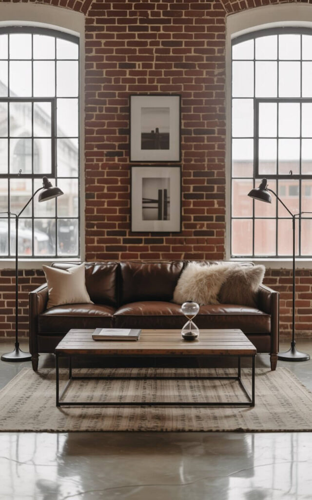 A photograph of a stylish industrial living room, highlighting a comfortable, dark brown leather sofa as the central focus. The sofa is positioned against a full exposed red brick accent wall, adorned with a selection of plush, neutral throw pillows, and sits atop a textured rug on polished concrete flooring. Two black metal floor lamps flank a rustic wooden coffee table featuring a single, antique brass hourglass, while large factory-style windows bathe the room in soft, diffused natural light. Minimalist black and white photography hangs above the sofa, contributing to the room's understated elegance.