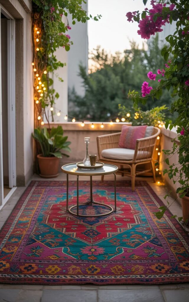 A photograph of a vibrant, multicolored vintage rug serving as the centerpiece of a charming boho balcony. The rug showcases intricate patterns in red, teal, gold, and violet, anchored by a low coffee table with brass details and a single, inviting rattan armchair. Climbing jasmine and bougainvillea gracefully frame the balcony's edges, while soft string lights are draped across the railing, casting a warm glow and creating a sense of cozy tranquility. A gentle afternoon sun illuminates the scene, highlighting the textures of the cushions and the rich colors of the rug.