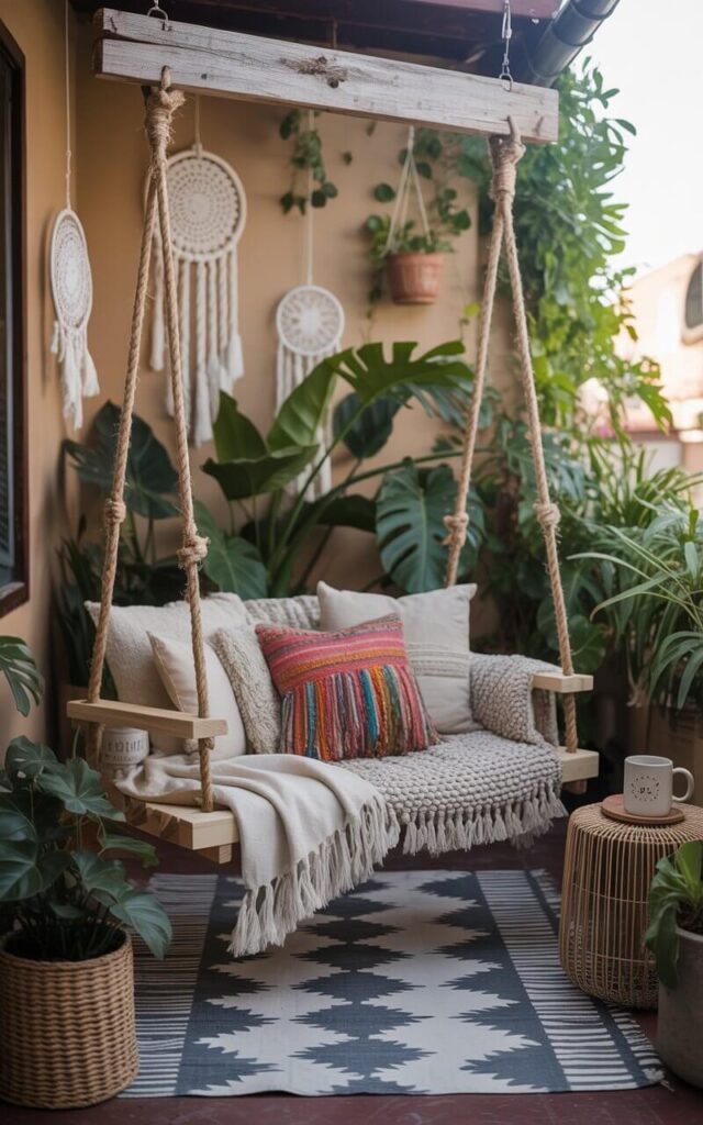 A photograph of a cozy boho balcony centered around a charming DIY swing. The swing, crafted from reclaimed wood and thick rope, is gently suspended from a weathered beam and adorned with layered cream and beige throws and a vibrant tasseled pillow. Surrounding the swing are lush clusters of potted plants, a geometric patterned rug, and a woven side table holding a steaming mug; several dreamcatchers and hanging planters sway gently in the breeze, adding to the whimsical atmosphere. Soft, diffused sunlight streams through nearby foliage, creating dappled shadows and a peaceful ambiance on the balcony.