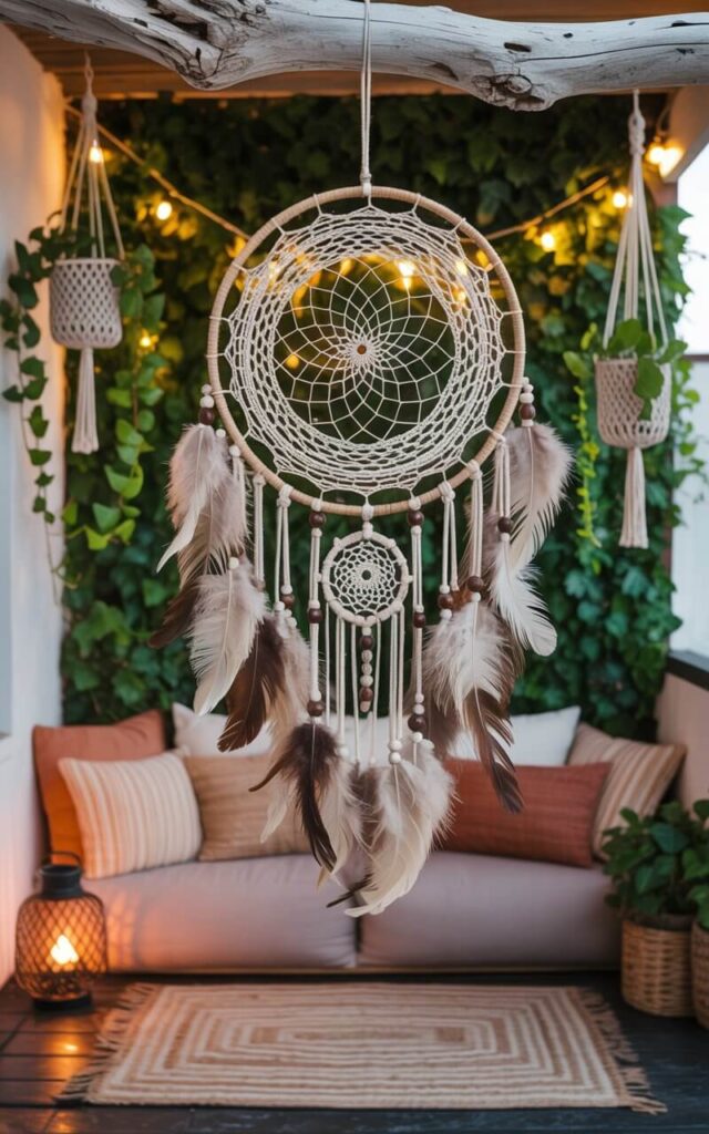 A photograph of a cozy boho balcony dominated by a large, handcrafted dreamcatcher. The dreamcatcher, featuring intricate patterns of cream-colored feathers, dark brown wooden beads, and flowing fringe, hangs from a weathered driftwood beam against a backdrop of vibrant greenery. Below the dreamcatcher, a low seating area with layered cushions in muted earth tones and a patterned jute rug creates a welcoming space, accented by macramé plant hangers overflowing with trailing ivy and vintage lanterns casting a soft, warm glow. Ambient lighting highlights the dreamcatcher's delicate details, creating a serene and magical atmosphere within the "boho balcony".