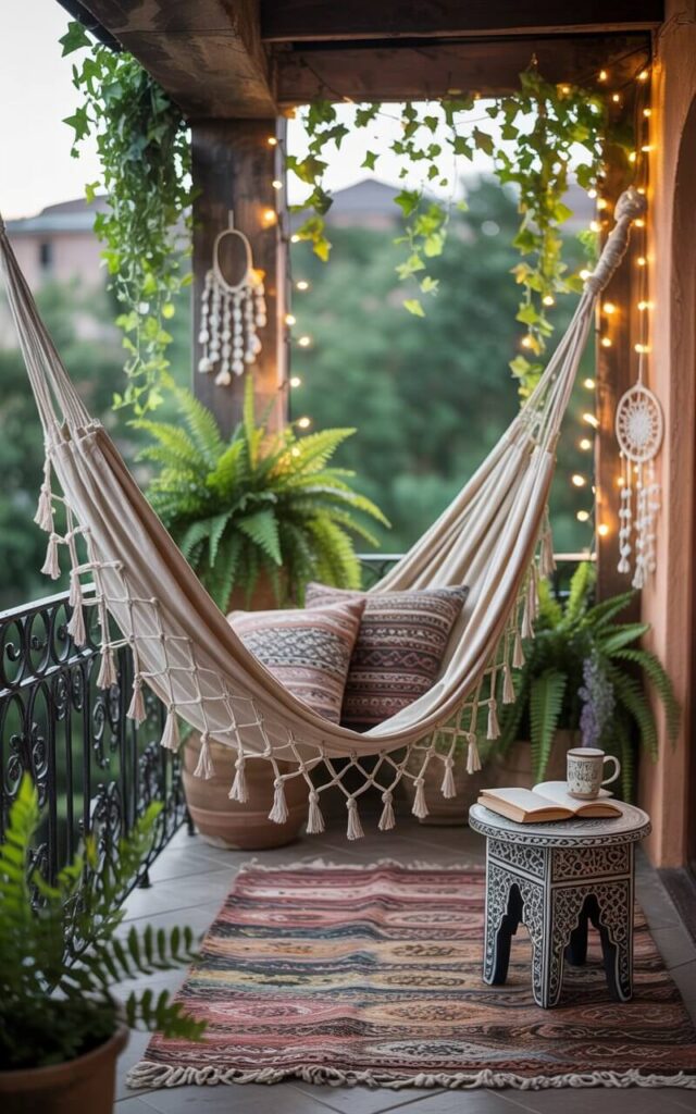 A photograph of a beautifully decorated boho balcony centered around a cream-colored fabric hammock with intricate knotted fringe detailing gently swaying between two weathered wooden beams. The hammock is adorned with plush, patterned cushions in earthy tones, while potted ferns and trailing ivy cascade from above, creating a lush, verdant backdrop. A small, intricately carved Moroccan side table holds a steaming ceramic mug and an open book, situated upon a layered handwoven kilim rug, illuminated by the soft glow of string lights looped around the wrought iron railing, creating a peaceful floating retreat. Dreamcatchers and delicate beaded ornaments hang nearby, enhancing the whimsical and serene atmosphere of this inviting boho space.