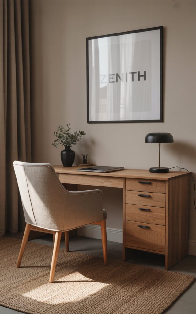 A photograph of a minimalist Japandi home office centered around a natural oak desk with a matte black lamp. A linen chair in a soft beige color sits angled towards the desk, facing a wall where a black-framed art piece displaying "ZENITH" hangs slightly off-center. A jute rug in a neutral tone covers the floor, and subtle black hardware accents the desk drawers, creating a harmonious balance against the room's soft tones and the natural light pouring in from the left. The scene evokes a sense of calm and focus, with the soft textures and warm light highlighting the room’s peaceful atmosphere.