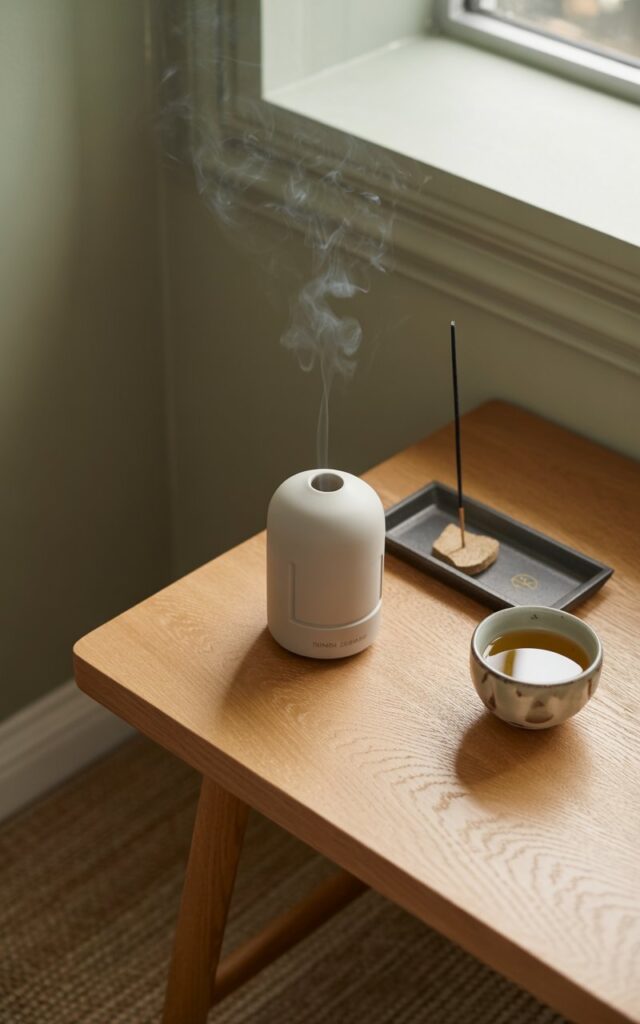 A photograph of a minimalist ceramic diffuser resting on the edge of a smooth oak desk within a Japandi-style home office. The diffuser, a matte white cylinder with subtle geometric detailing, gently releases wisps of smoke infused with the scent of "hinoki and sandalwood". Beside it sits a small, dark gray incense tray holding a single smoldering stick, and a delicate ceramic cup filled with steaming herbal tea. Soft, natural light streams in from a nearby window, illuminating the pale gray walls and a textured jute rug, creating a tranquil and balanced sanctuary.
