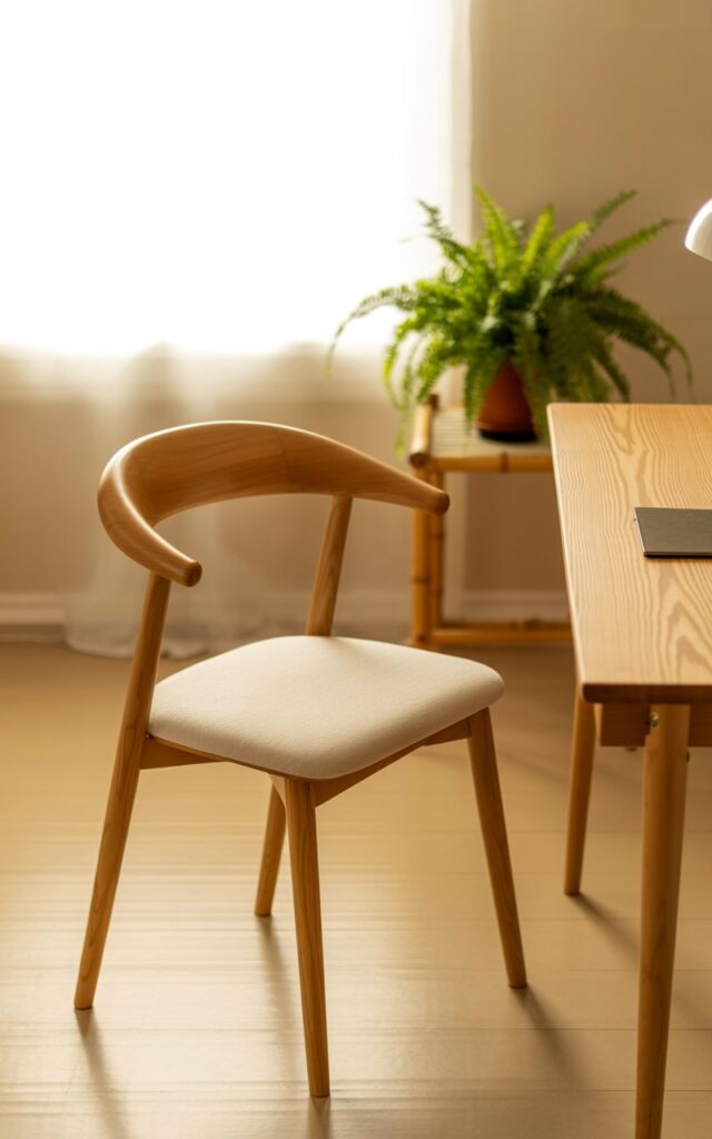 A photograph showcases a gently curved, Scandinavian-style wooden chair with a firm, off-white linen cushion as the central focus in a serene Japandi home office. The chair's smooth, light-toned wood contrasts beautifully with the cushion, positioned slightly angled towards a simple pine desk, revealing subtle grain patterns. Beside the desk, a small bamboo side table displays a vibrant green fern in a terracotta pot, with pale wood floors reflecting the soft natural light streaming through a nearby window. The room is minimalist and inviting, bathed in warm, diffused light, creating a space ideal for focused work and quiet contemplation.