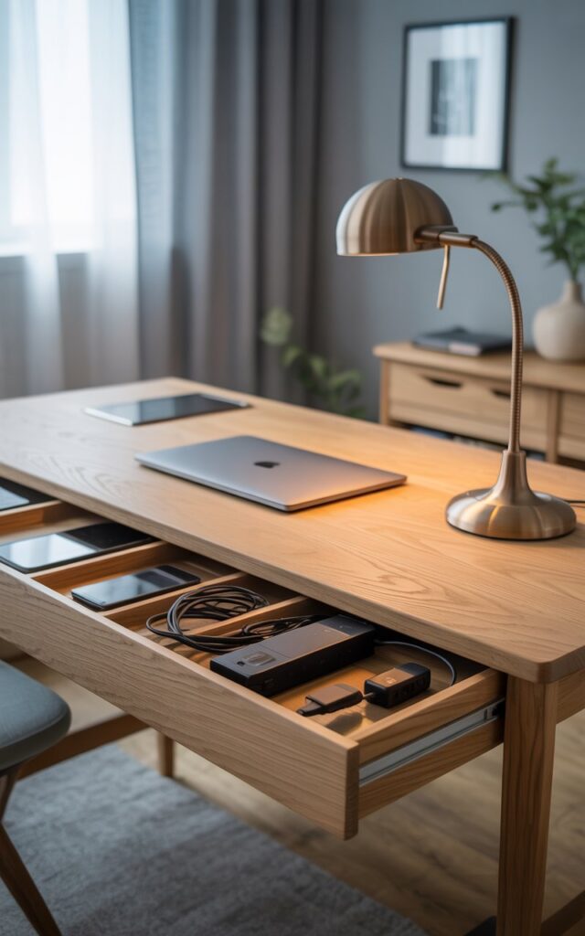 A photograph of a meticulously organized Japandi-style home office, centered around a custom-built oak desk. The desk's back panel seamlessly hides power strips and cables routed through concealed channels, showcasing only a sleek laptop, a wireless keyboard, and a brushed bronze desk lamp illuminating the workspace. A linen drawer neatly stores extra devices while the backdrop consists of a calming grey wall with a minimalist framed print and soft, diffused natural light filtering through a sheer curtain. The scene conveys a feeling of tranquility, focus, and distraction-free productivity.