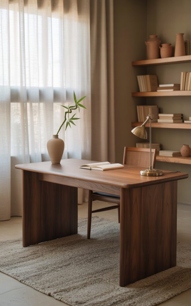 A photograph of a serene Japandi home office featuring a warm walnut desk as the central focus. The desk is neatly organized with a single ceramic vase holding a sprig of bamboo, and a closed "Moleskine" notebook resting on top. Soft, diffused natural light filters through sheer linen curtains, illuminating the muted taupe walls, sandy beige floors, and a plush stone-gray wool rug anchoring the space. Birch shelves holding linen-bound books and clay pots sit in the background, subtly accented by elegant brass desk lamp.