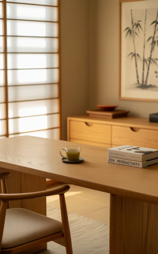 A photograph of a sleek, light oak desk in a Japandi-style home office. The desk is meticulously organized, holding a single ceramic cup filled with green tea, and a neatly stacked pile of books with "Zen Productivity" printed on the spine. Behind the desk, a traditional Japanese shoji screen softly diffuses natural daylight, casting a warm glow across the room that also contains a low wooden drawer unit and a curved-back chair with a linen cushion. A minimalist ink painting of bamboo hangs subtly off-center on a pale beige wall, completing the serene and functional workspace.