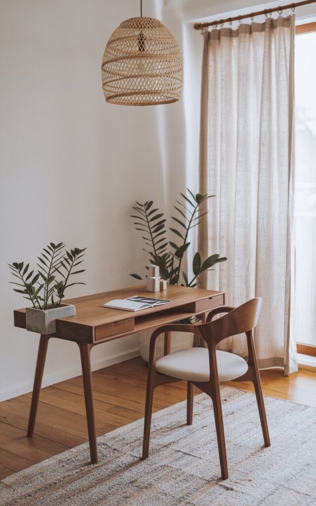 A photo of a Japandi home office with a walnut writing desk, a curved chair, and a woven pendant light. There's a single ZZ plant in a minimalist cement planter beside the desk. The room has wooden floors and a linen curtain near a window. The overall space is well decorated, with a calm aesthetic and a connection to nature.