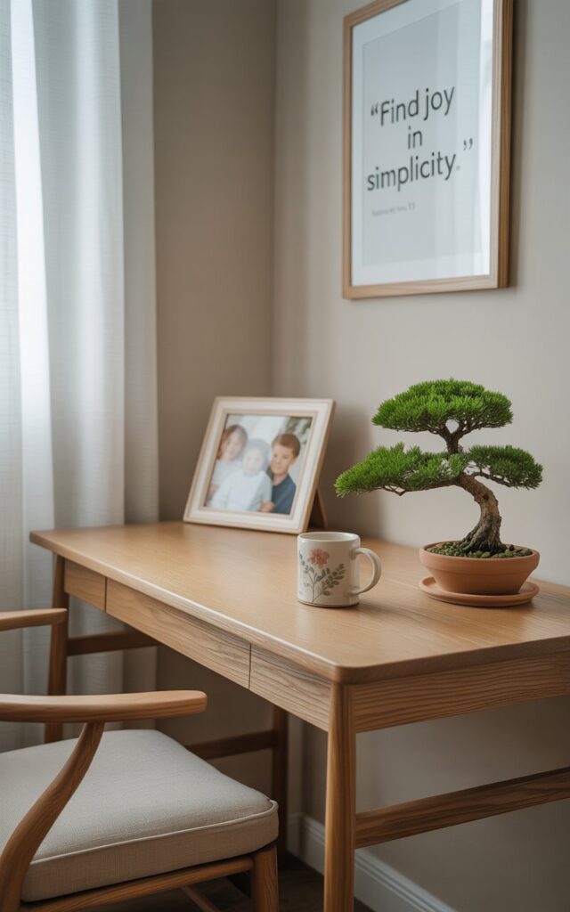 A photograph of a serene Japandi-style home office, centered around a clean oak desk. A framed family photo rests on the desk's corner, alongside a ceramic mug with a delicate floral design and a miniature bonsai tree in a simple terracotta pot.  The desk is paired with a soft linen chair in a calming grey hue, and a minimalist framed print on the wall displays the quote "“Find joy in simplicity”". Soft, natural light filters through a nearby window, illuminating the carefully curated space and emphasizing the quiet elegance of the design.