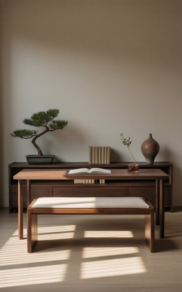 A photograph of a serene Japandi-style home office, emphasizing a sense of calm and groundedness. A low, linear walnut desk sits centrally, paired with a simple bench seat that serves as storage, creating an open and spacious feel. A short walnut bookshelf against the wall holds linen-bound books, a small bonsai tree, and a handmade ceramic vase, all bathed in the soft glow of natural light streaming across the matte oak floor. The room is uncluttered and minimalist, designed to create harmony and tranquility.