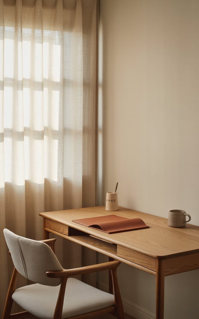 A photograph of a serene Japandi home office centered around a minimalist wooden desk. The desk, crafted from natural oak, features smooth, clean lines and sits prominently against a warm, creamy white wall, displaying a single "Amor" ceramic pen holder, a supple leather writing pad, and a muted pottery cup. A soft gray linen chair with elegant wooden legs sits poised, complemented by sheer linen curtains gently filtering sunlight into the workspace, casting subtle shadows. The overall scene exudes calm, balance, and refined simplicity, enhanced by the warm, diffused light.