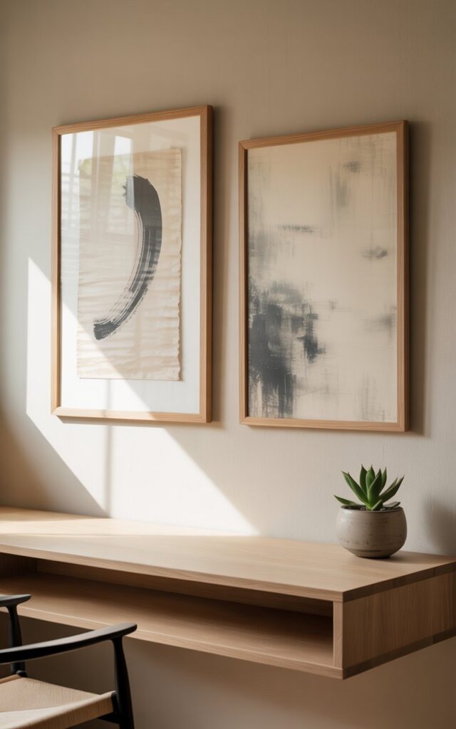 A photograph of a serene Japandi home office with a focus on the minimalist artwork displayed on the wall. Two framed pieces hang precisely: a single, elegant brushstroke in black ink on textured rice paper and a faded abstract composition in soft greys and beiges. Below the artwork, a floating shelf holds a small ceramic planter with a single sprig of bamboo, complementing a clean, light wood desk with nothing to clutter it. Natural light streams through a nearby window, softly illuminating the beige walls and creating a calming, harmonious atmosphere.