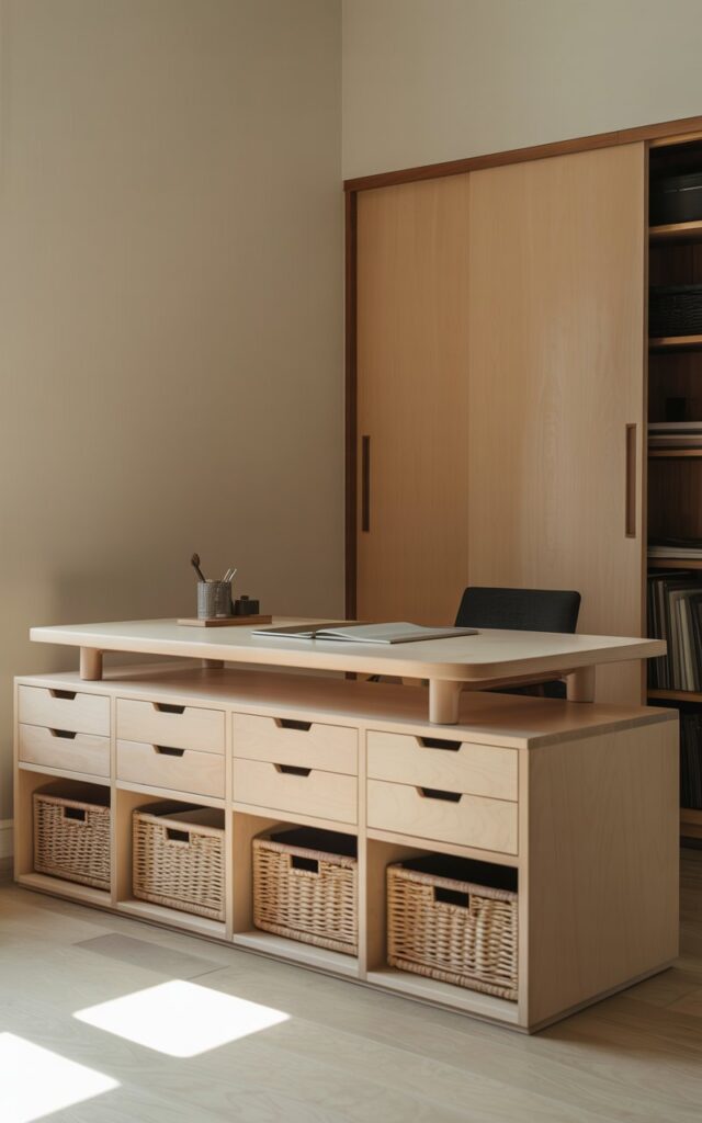 A photograph of a meticulously organized Japandi-style home office bathed in soft, natural light. A pale wood desk sits center, accented by a low-profile modular storage unit beneath it featuring matte birch drawers with sleek finger-pull handles and woven baskets neatly tucked within. A sliding cabinet in a matching wood tone hides office clutter, while the bare walls emphasize the clean lines and minimalist aesthetic. The overall composition evokes a sense of calm and control, highlighting the beauty of functional design.