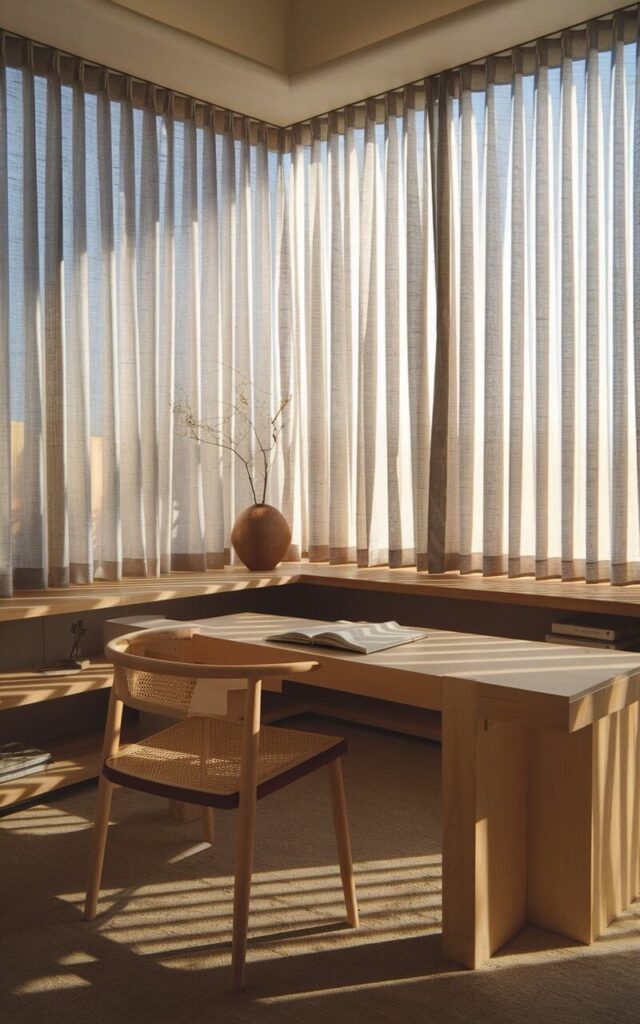 A photo of a Japandi home office with floor-to-ceiling windows. The room is illuminated by natural daylight, casting soft shadows across a maple wood desk and minimal shelves. The well-designed office furniture is highlighted by the light. Sheer linen curtains sway gently, diffusing light throughout the space. A single ceramic vase sits on the windowsill, reflecting warmth. Every element in this very well decorated office—light, texture, simplicity—works in unison to create a space that nurtures clarity and peace throughout the day.