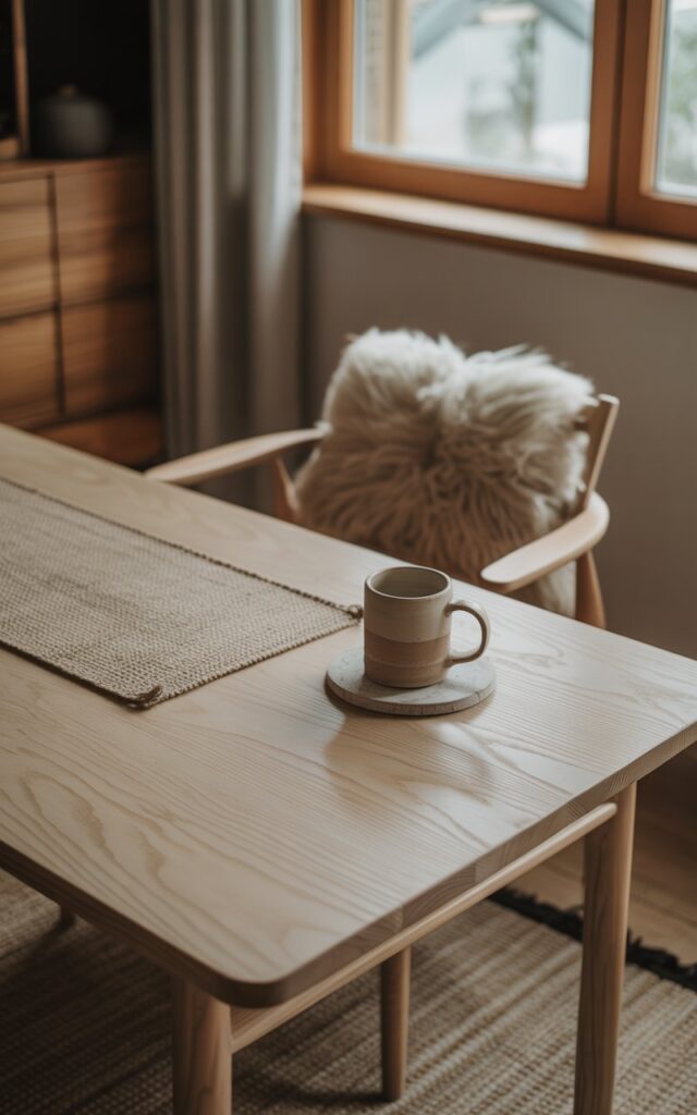 A photograph of a Japandi-style home office, featuring a minimalist desk as the central focus. The desk is crafted from untreated ash, displaying its natural grain patterns, with a thick wool cushion adorning the chair and a hand-molded ceramic mug resting on a smooth stone coaster. Soft, natural light streams in through a nearby window, highlighting the textures of the raw wood, linen, and clay elements, while a woven linen runner sits neatly across the desk. The space exudes a sense of calm and intentionality, inviting a grounded and focused workday.