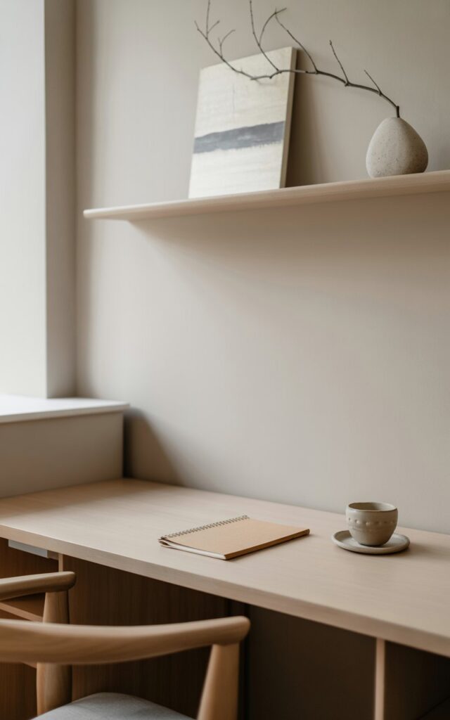 A photograph of a serene Japandi-style home office showcasing a minimalist aesthetic. A slim, light wood writing desk is positioned in front of a large expanse of white wall, with only a single linen-bound notebook and a pale clay teacup gracing its surface. Above the desk, a floating shelf holds a small abstract painting and a slender branch arranged in a smooth grey stone vase, while soft natural light gently illuminates the scene from a nearby window. The overall impression is one of peaceful simplicity and quiet contemplation, highlighting the beauty of "less is more."