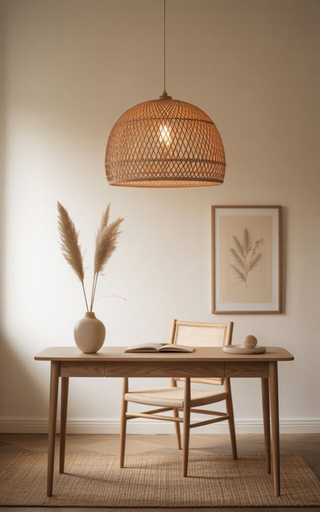 A photograph of a handcrafted rattan pendant light hanging gracefully above a streamlined desk in a Japandi-style home office. The light features a tightly woven texture and a natural, honey-brown hue, casting a warm, diffused glow onto the desk below. Below the light sits a slim ash wood desk with a minimalist ceramic vase holding dried pampas grass, paired with a comfortable woven fabric chair in a soft beige tone, all resting on a neutral jute rug. Soft bone-white walls and a single, elegantly framed botanical print create a serene and balanced atmosphere, emphasizing the thoughtful design of the office space.