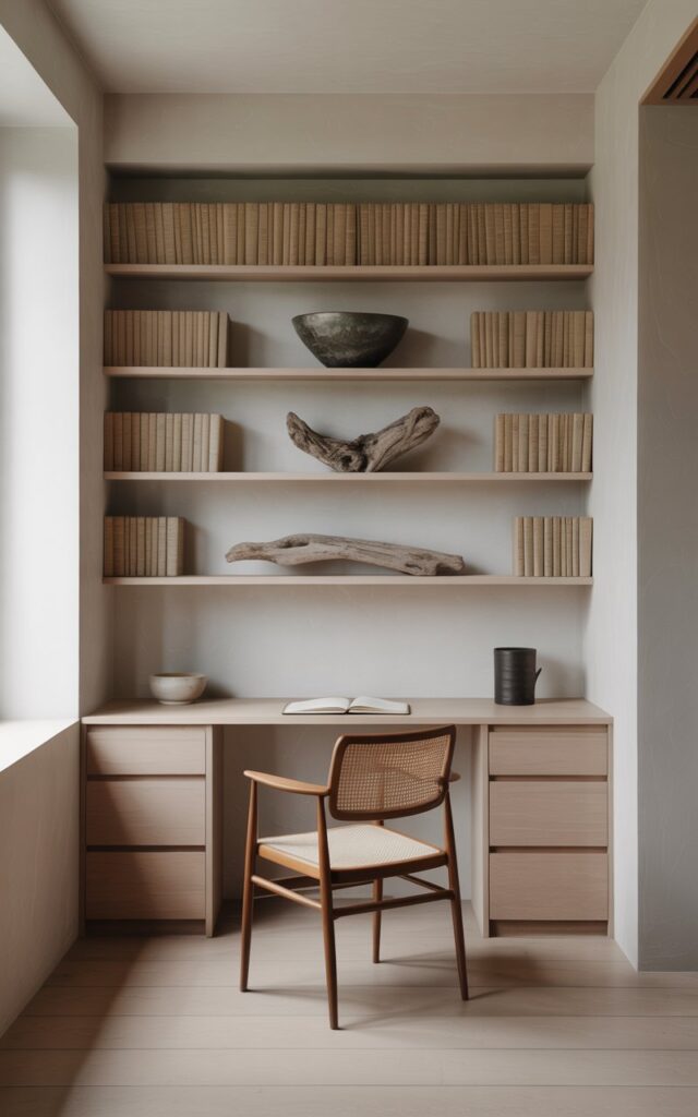 A photograph of a minimalist Japandi home office, centered around a built-in bookcase seamlessly integrated into the soft white walls. The bookcase showcases a curated selection of linen-bound books, hand-glazed ceramic bowls, and a single piece of weathered driftwood sculpture. A narrow writing desk with subtle integrated drawers sits below the shelves, paired with a lightweight wood-framed chair, leaving ample open space that contributes to the room’s light and airy feel. Natural light streams in from a nearby window, illuminating the room and highlighting the clean, uncluttered aesthetic.