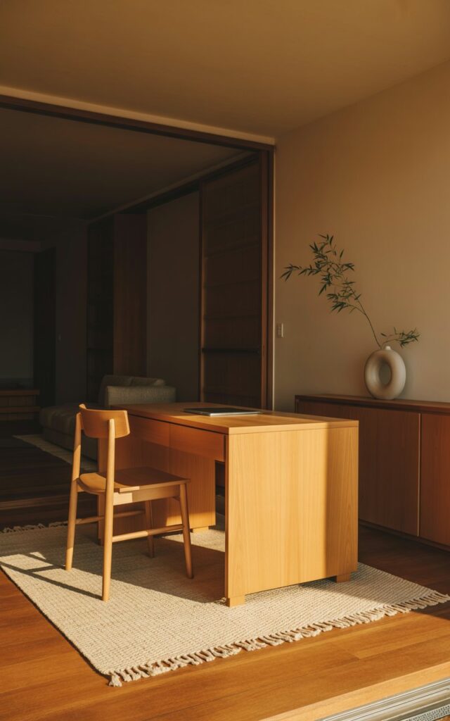 A photograph of a meticulously organized Japandi home office, seamlessly integrated within a larger living space. The focal point is a light pine desk, perfectly aligned on a soft oatmeal-toned woven wool area rug, defining the workspace with subtle fringes. Adjacent to the desk, a matching chair sits neatly, while polished wood flooring creates a clear visual separation from the living area, enhancing the sense of intentional design and functionality; the space is bathed in the warm glow of natural light filtering through a nearby window. A minimalist ceramic vase with a single sprig of bamboo rests on a shelf in the background, adding a touch of serene elegance.