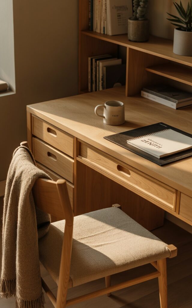 A photograph of a meticulously designed Japandi home office bathed in the soft glow of morning light. A low-profile maple desk with smoothed edges and hand-crafted brass drawer pulls sits center, adorned with a single ceramic mug and a neatly arranged notebook displaying the words "Project: 'Zenith'". A woven wool throw in muted beige drapes over a comfortable wooden chair, accompanied by a linen seat cushion and a knotted wool pouf beneath, creating a layered and inviting space. The background features a minimalist bookshelf with carefully curated books and a potted succulent, contributing to the overall sense of quiet retreat and focused productivity.