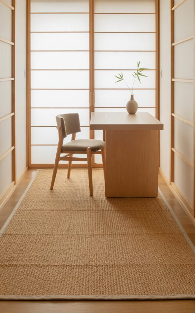 A photograph of a modern Japandi home office featuring a large, neutral beige jute rug. The rug, textured with a tatami-inspired pattern, lies beneath a sleek, compact birch desk and a low-profile chair upholstered in muted gray fabric. Soft, diffused light streams through the shoji-style window panels, illuminating a minimalist ceramic vase holding a single sprig of bamboo on the desk and highlighting the quiet elegance of the space. The scene is framed by clean, white walls, creating a calming and balanced atmosphere.