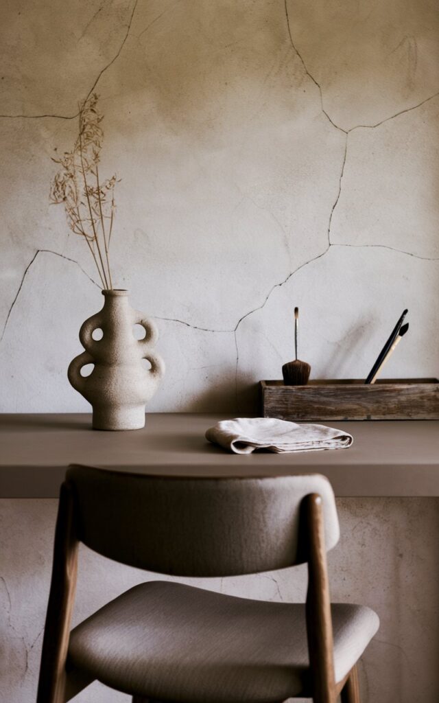 A photo of a Japandi home office. A hand-molded ceramic vase with uneven curves sits atop a smooth, minimalist writing desk. Nearby, a weathered wooden tray holds a few ink-stained brushes and a folded linen cloth. These imperfect pieces add soulful character to the well-designed office furniture’s, which includes a simple, matte oak chair with a slightly worn seat cushion. The textured plaster wall behind features subtle cracks that add depth and warmth.