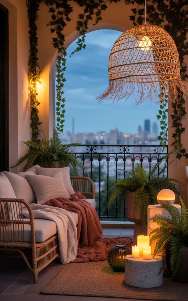 A photograph of a serene boho balcony bathed in the soft glow of evening. The balcony's centerpiece is a comfortable rattan sofa adorned with plush, layered throws in cream and terracotta hues, facing outwards towards a breathtaking cityscape visible through wrought-iron railings. Overhead, a large woven pendant light casts intricate shadows, while amber and green glass orbs and flickering candles on stone pedestals illuminate a collection of potted ferns and trailing ivy, creating a cozy, inviting atmosphere. The scene is softly lit with warm ambient light, establishing a tranquil sanctuary where "dreamy nights" come alive.