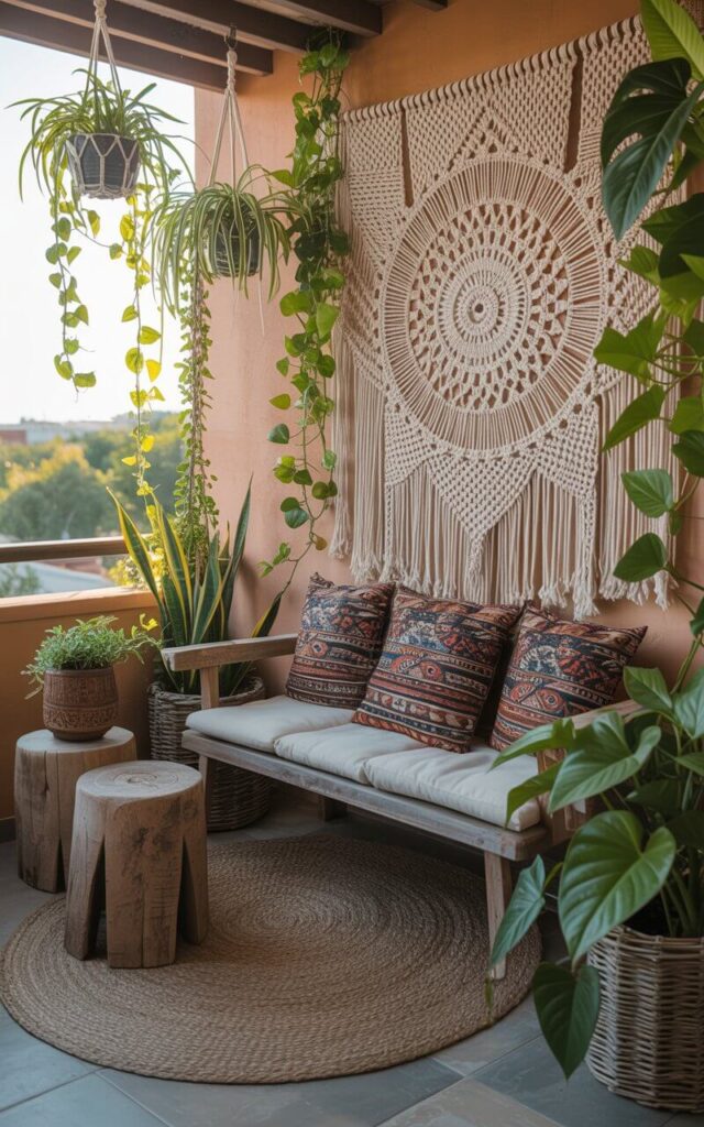 A photograph of a cozy boho balcony bathed in the soft glow of late afternoon sunlight. A large, intricately woven macramé wall hanging featuring a subtle mandala design serves as the backdrop, showcasing neutral cream and beige tones. In the foreground, a rustic wooden bench adorned with vibrant tribal-print cushions sits atop a circular jute rug, complemented by a few hand-carved stools and woven baskets filled with trailing greenery. Several hanging macramé planters overflow with lush spider plants and cascading pothos vines, creating a serene and visually rich outdoor sanctuary.
