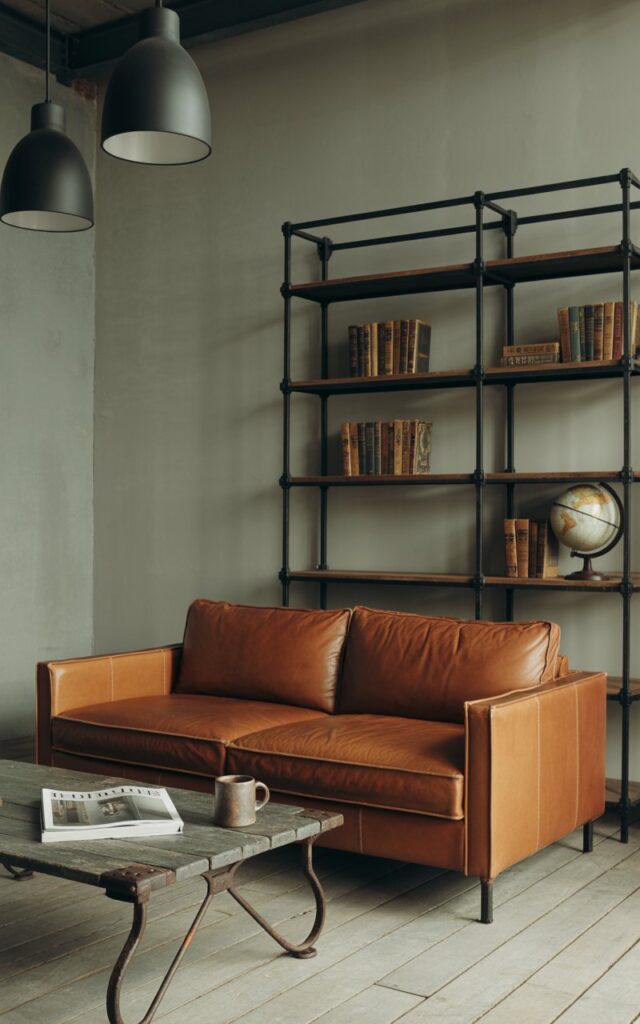 A photograph of a cozy living room embodying an industrial aesthetic, with a rich cognac leather sofa taking center stage. The sofa, featuring subtle stitching details and a slightly worn patina, sits comfortably against a backdrop of muted gray walls and reclaimed wood flooring, anchored by a sleek black steel-framed shelving unit displaying antique books and a vintage globe. Above, two matte black pendant lights illuminate a weathered iron-legged coffee table adorned with a stack of design magazines and a ceramic mug, while soft, diffused natural light filters in from a concealed window, gently highlighting the room’s blend of industrial functionality and luxurious comfort. The entire scene evokes a sense of quiet sophistication and lived-in warmth.