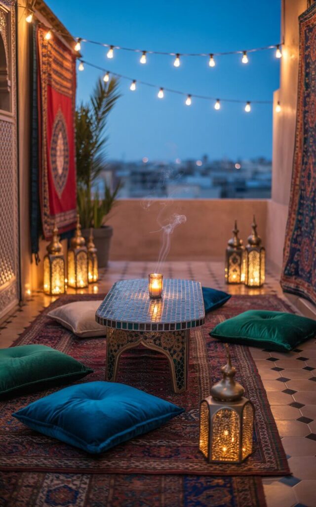 A photograph of a low mosaic-tiled table adorned with a single flickering candle at the center of a beautifully decorated boho balcony. Surrounding the table are plush jewel-toned floor cushions in emerald green velvet and sapphire blue silk, inviting relaxation. Intricate brass lanterns cast swirling patterns across a richly woven Persian rug while bold tapestries with geometric designs adorn the balcony walls and string lights twinkle above, subtly illuminating "Marrakesh Dreams." The scene is bathed in the soft glow of twilight, with wisps of incense smoke curling gently into the air, creating a soulful and immersive atmosphere.