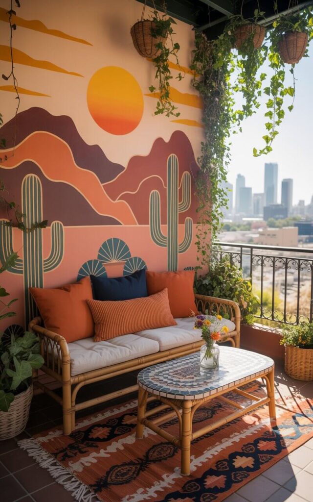 A photograph of a beautifully decorated boho balcony bathed in the warm glow of late afternoon sunlight. The focal point is a vibrant hand-painted mural depicting terracotta mountains, stylized cacti, and a setting sun, seamlessly covering the balcony wall. In front of the mural sits a low bamboo bench adorned with burnt orange and navy pillows, complemented by a kilim rug in matching tones and a mosaic-topped coffee table holding a small vase of wildflowers. Hanging baskets overflow with trailing ivy, creating a lush and inviting space, framed by a view of the "city skyline" in the distance.