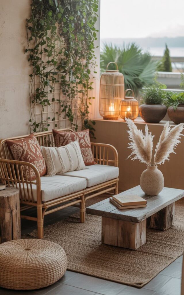 A photograph of a serene boho balcony, designed as a tranquil outdoor sanctuary. A comfortable bamboo loveseat, draped with rust and cream patterned cushions, sits centrally on a jute rug layered floor. To the side, reclaimed wood stools and a woven seagrass ottoman add texture, while a weathered wooden coffee table displays "a small stack of books" and a stone vase filled with dried pampas grass. Climbing plants cascade from a trellis, complementing rattan lanterns and clay planters, bathed in the soft glow of the late afternoon sun.