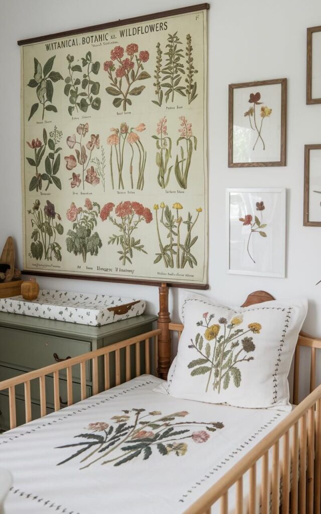 A vintage botanical wall chart featuring detailed illustrations of wildflowers hangs above a dresser in a very well-decorated nursery room. The chart, with its muted greens and soft floral drawings, adds a timeless touch. A cozy nursery cot bed with embroidered bedding, mirroring the floral illustrations, rests nearby. Wooden accents and pressed flower frames complete the space, blending education, beauty, and nostalgia seamlessly.