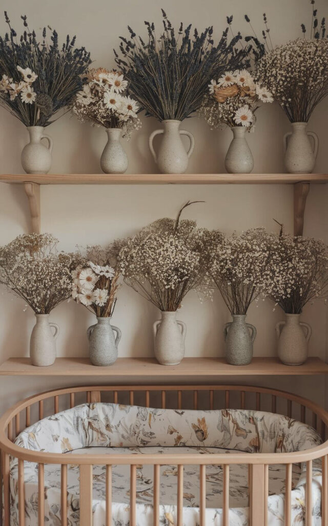 A photo of a nursery room with a wildflower theme. The room has a cozy nursery cot bed in the center, layered with floral bedding. There are delicate dried flower arrangements in ceramic vases on high shelves. The bunches include lavender, daisies, and baby's breath. The dried flowers bring muted, earthy tones to the space, lasting beautifully over time without maintenance, while creating a soft, calming atmosphere.